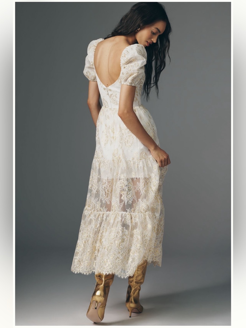Anthropologie Helsi Ivory and Gold Lace Puff-Sleeve Maxi Dress - Picture 2 of 6